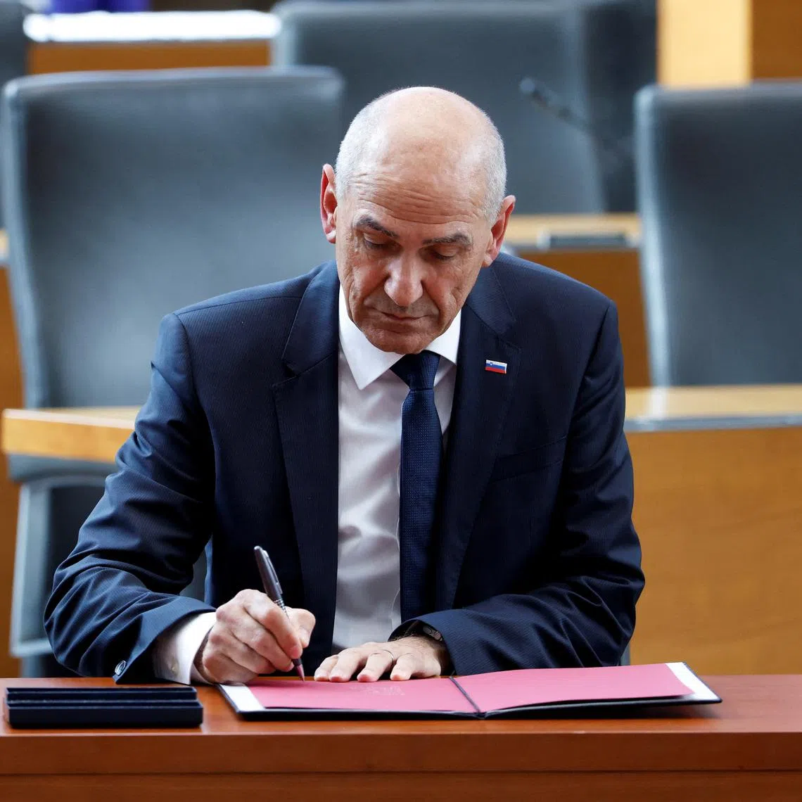 President of the Slovenian Democratic Party (SDS) Janez Jansa is sworn in as the prime minister of Slovenia, in Ljubljana, Slovenia, May 22, 2026. REUTERS/Borut Zivulovic