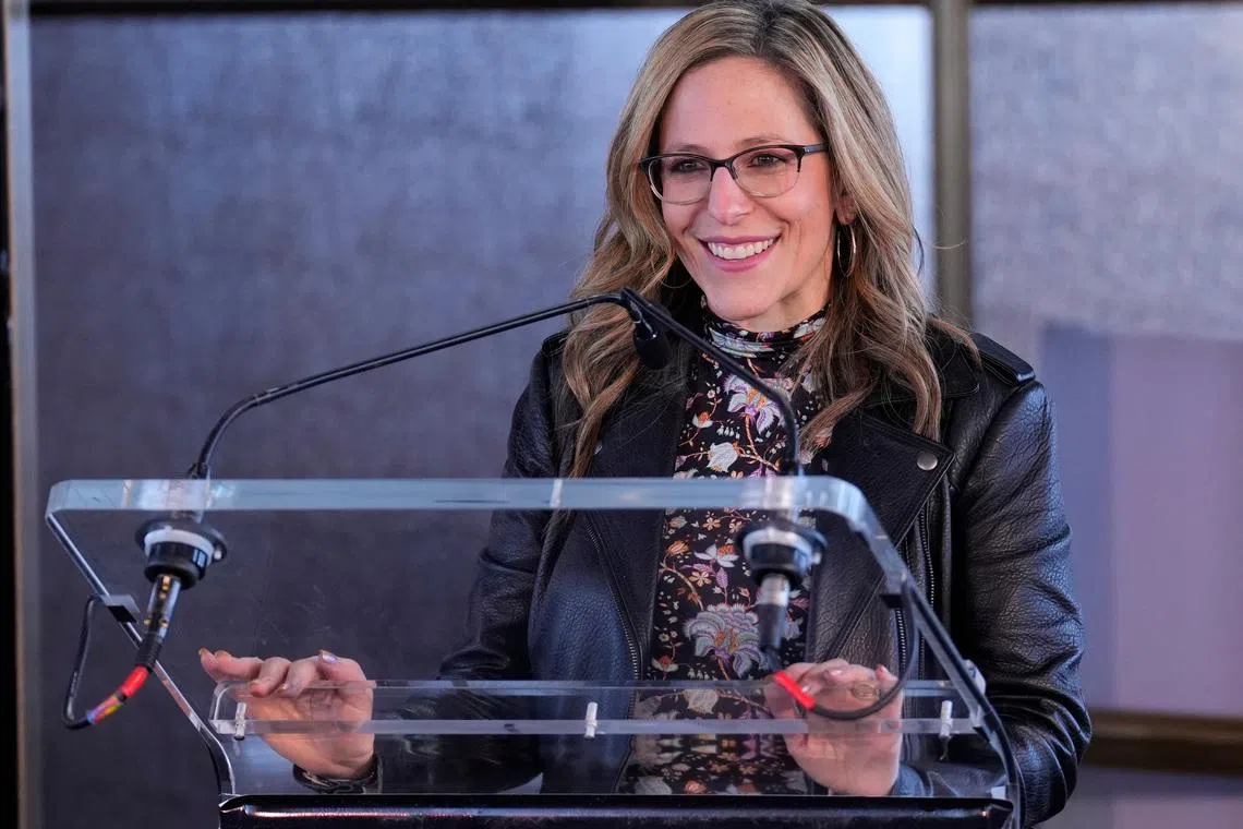 Jan 19, 2024; New York, New York, USA; NWSL commissioner Jessica Berman speaks at event to introduce the Class of 2024 for NJ/NY Gotham FC at the Rainbow Room in Rockefeller Center. Mandatory Credit: Robert Deutsch-USA TODAY Sports