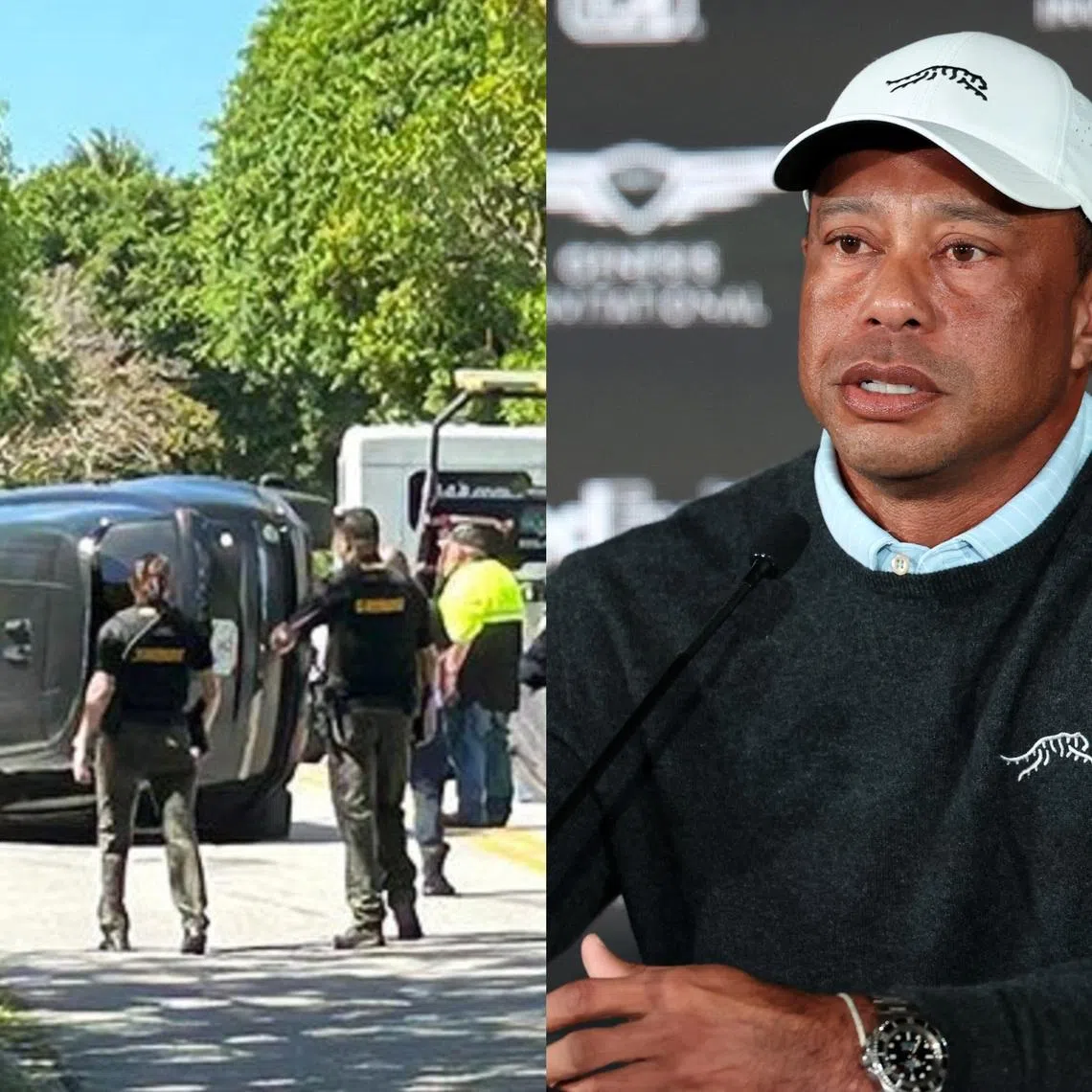 A photo circulating online (left) that is said the show the accident scene in Florida involving former world No. 1 golfer Tiger Woods.