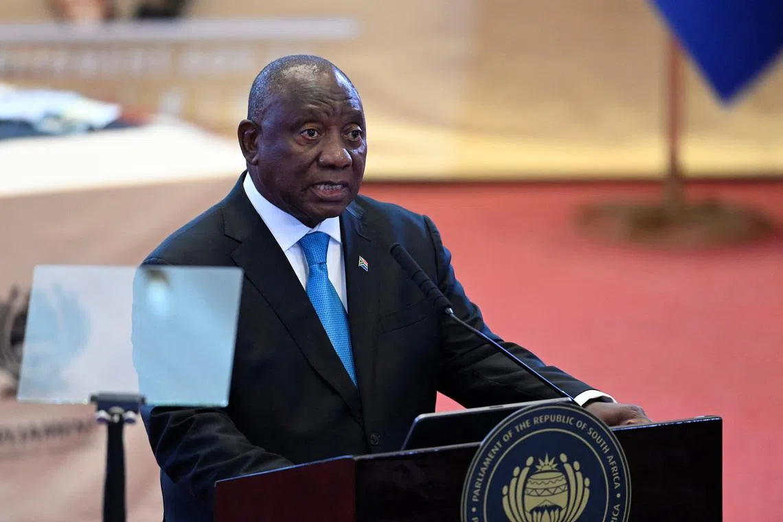 South African President Cyril Ramaphosa delivers the State of the Nation (SONA) address in Cape Town, South Africa, February 12, 2026.  Rodger Bosch/Pool via REUTERS