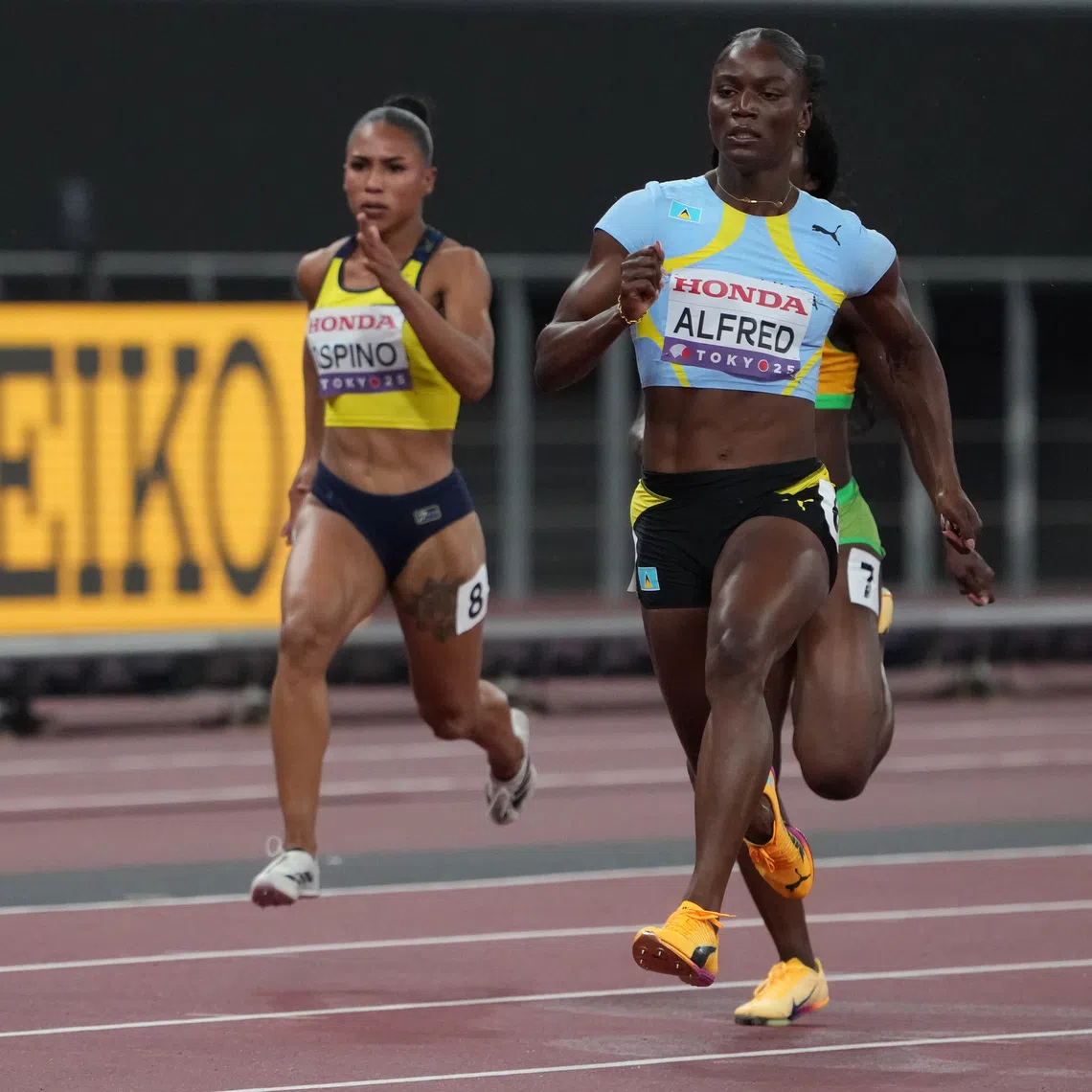 Sep 13, 2025; Tokyo, Japan; Julien Alfred (LCA) runs a qualifying heat for the women’s 100 meter dash during the World Athletics Championships at National Stadium. Mandatory Credit: Kirby Lee-Imagn Images/File Photo