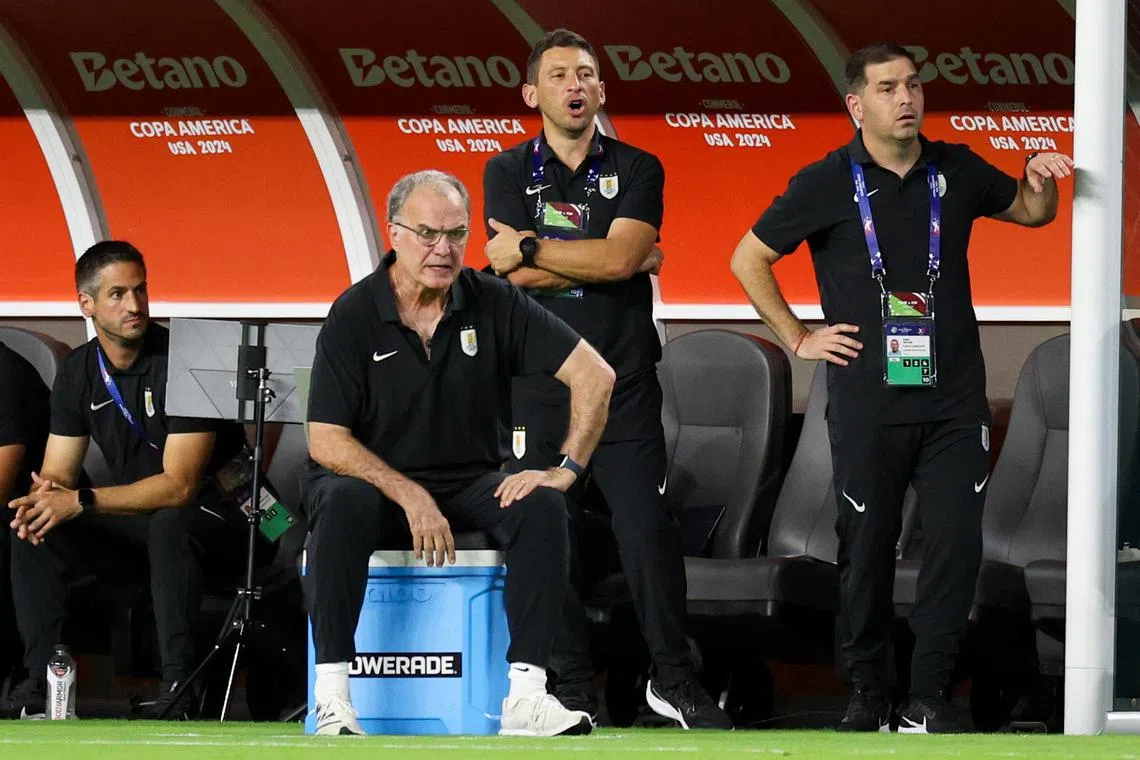 FILE PHOTO: Jun 23, 2024; Miami, FL, USA;  Uruguay head coach Marcelo Bielsa looks on during a group stage match of Copa America against Panama at Hard Rock Stadium. Mandatory Credit: Nathan Ray Seebeck-USA TODAY Sports