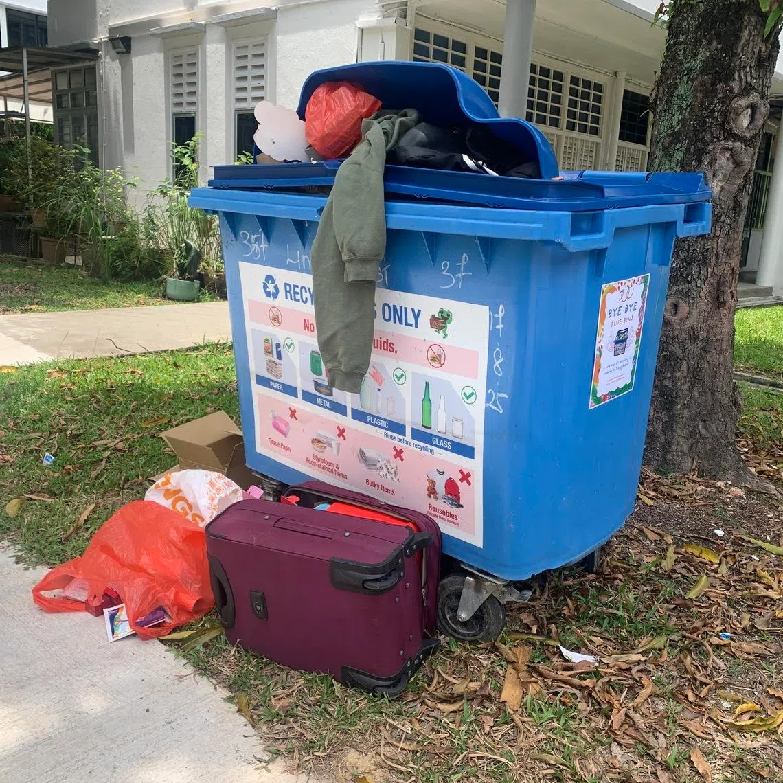 Overflowing blue recycling bins seen in Tiong Bahru in March.