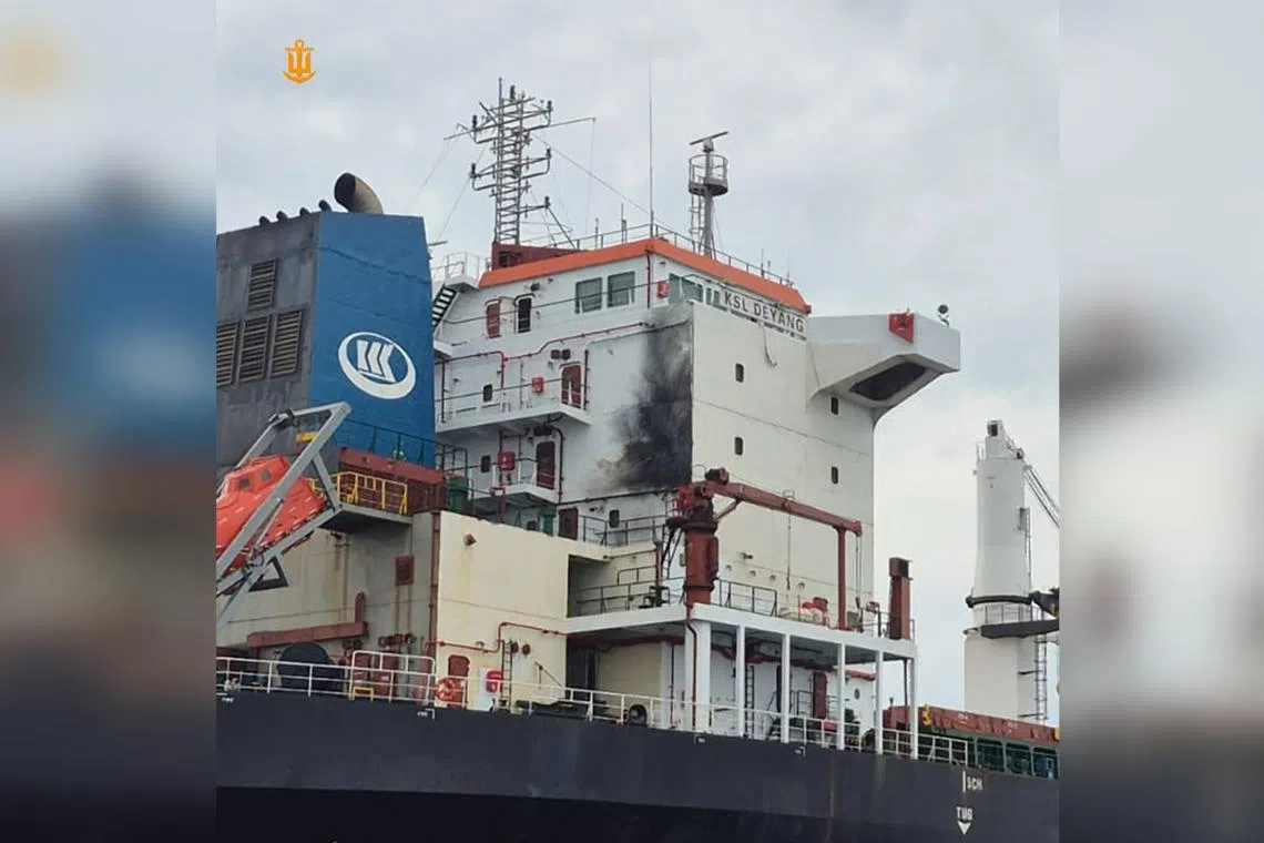 The Ukrainian navy posted a photo of the Ksl Deyang, which it described as a Chinese-owned cargo ship sailed by Chinese crew, showing one of its sides partially charred.