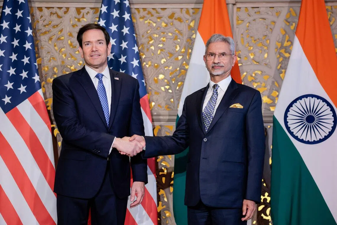 US Secretary of State Marco Rubio (left) shakes hands with India’s Foreign Minister Subrahmanyam Jaishankar at the Taj Mahal Palace Hotel in Mumbai on Oct 20.