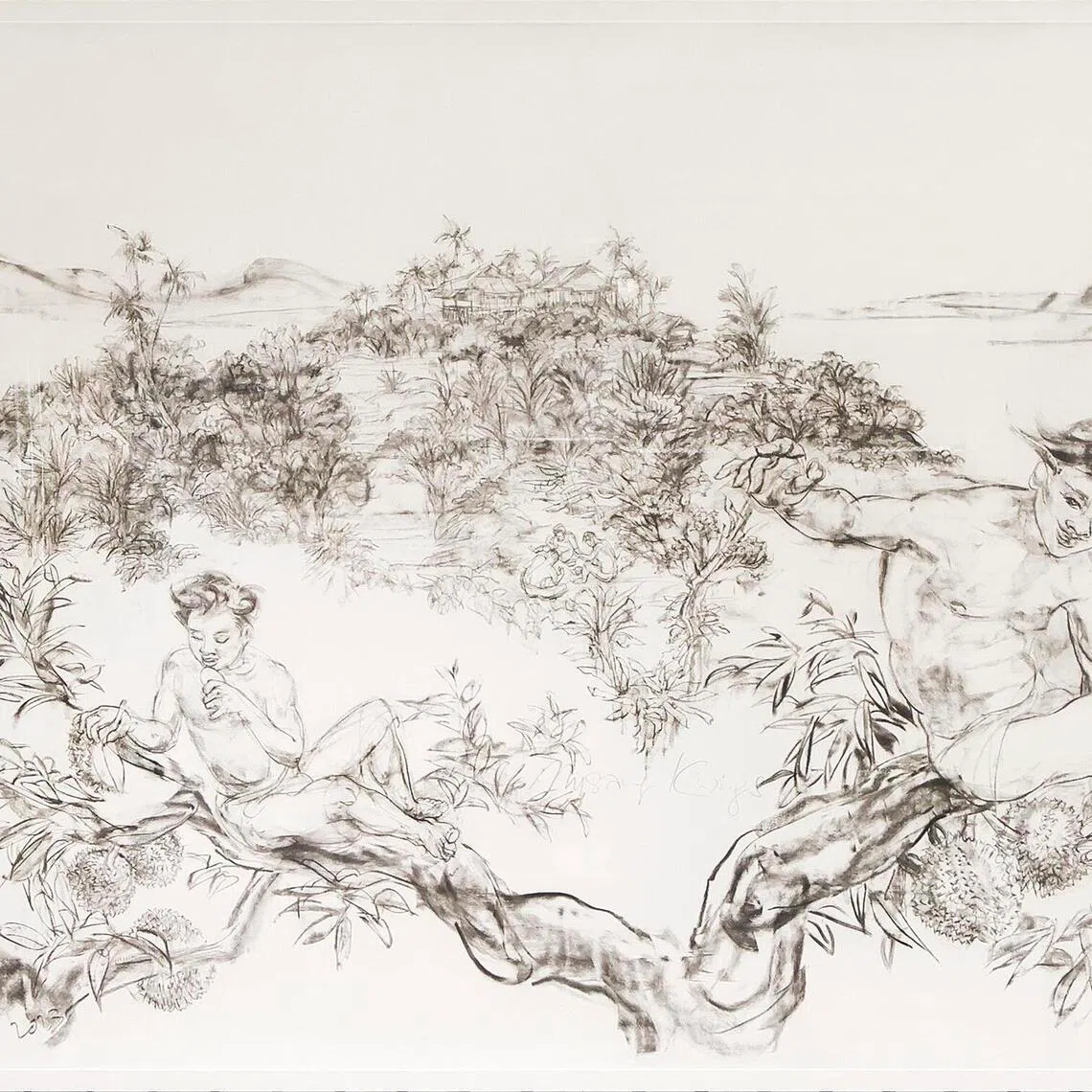 Singapore artist Jimmy Ong's Musang Kings is a charcoal sketch. 
 