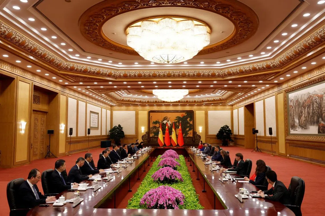 China's President Xi Jinping and Spain's Prime Minister Pedro Sanchez attend a meeting at the Great Hall of the People in Beijing on April 14, 2026. Haruna Furuhashi/Pool via REUTERS