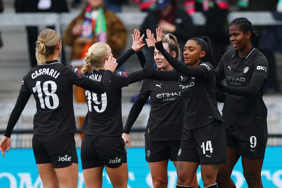 Soccer Football - Women's Super League - London City Lionesses v Manchester City - Copperjax Community Stadium, Bromley, Britain - January 25, 2026 Manchester City's Kerolin celebrates scoring their first goal with teammates Action Images via Reuters/Matthew Childs