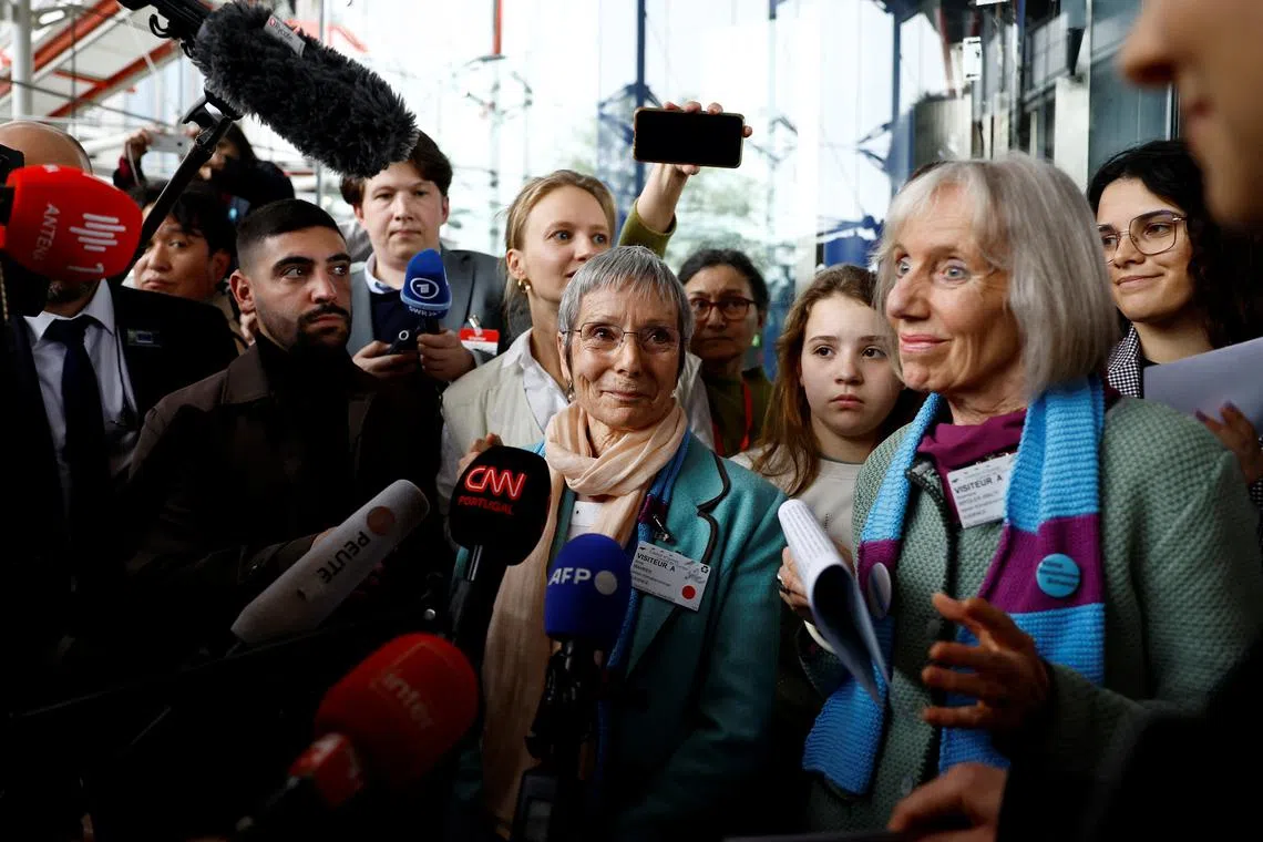 Anne Mahrer and Rosmarie Wydler-Walti, of the Swiss elderly women group Senior Women for Climate Protection, talk to journalists after the verdict of the court in the climate case Verein KlimaSeniorinnen Schweiz and Others v. Switzerland, at the European Court of Human Rights (ECHR) in Strasbourg, France April 9, 2024. REUTERS/Christian Hartmann