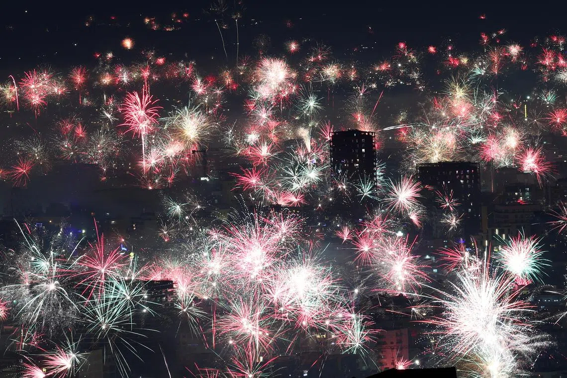 Fireworks are seen during New Year's celebrations in Tirana, Albania on Jan 1, 2025.