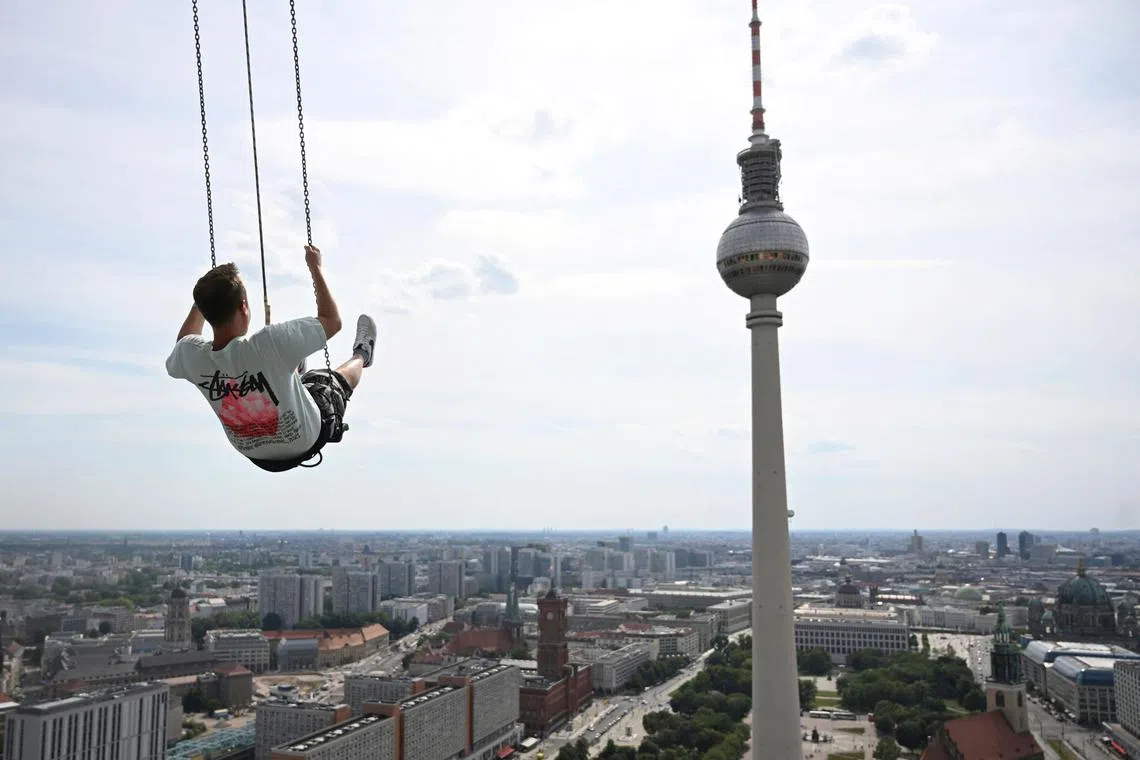 Mr Vent sways 120m above the rooftops of Berlin, from Europe’s highest swing at Alexanderplatz.