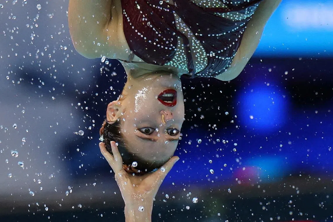Team Spain performing during the finals at the World Aquatics Championships - Team Free Final, held at the World Aquatics Championships Arena, in Singapore, on July 20, 2025.