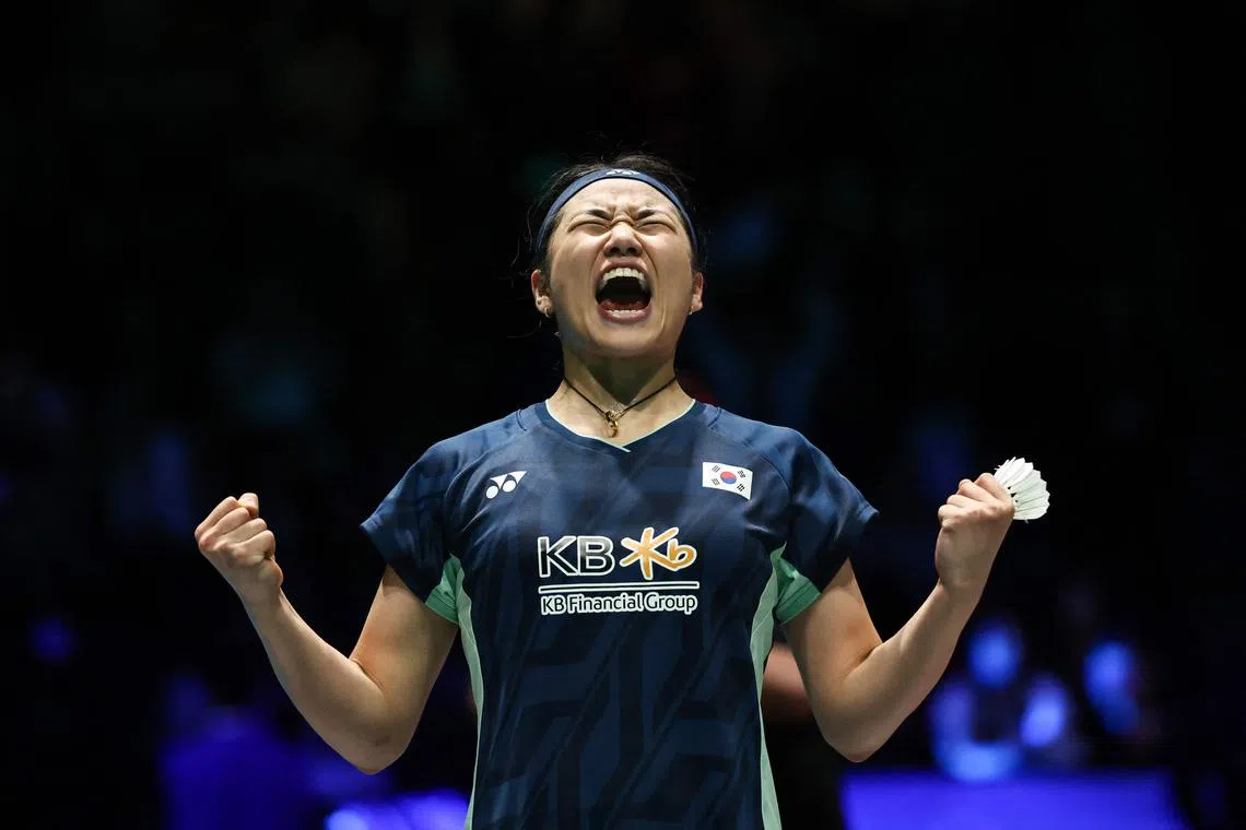 South Korea's An Se-young celebrating after beating China's Wang Zhiyi in the All England Open Badminton Championships final at the Utilita Arena in Birmingham on March 16.