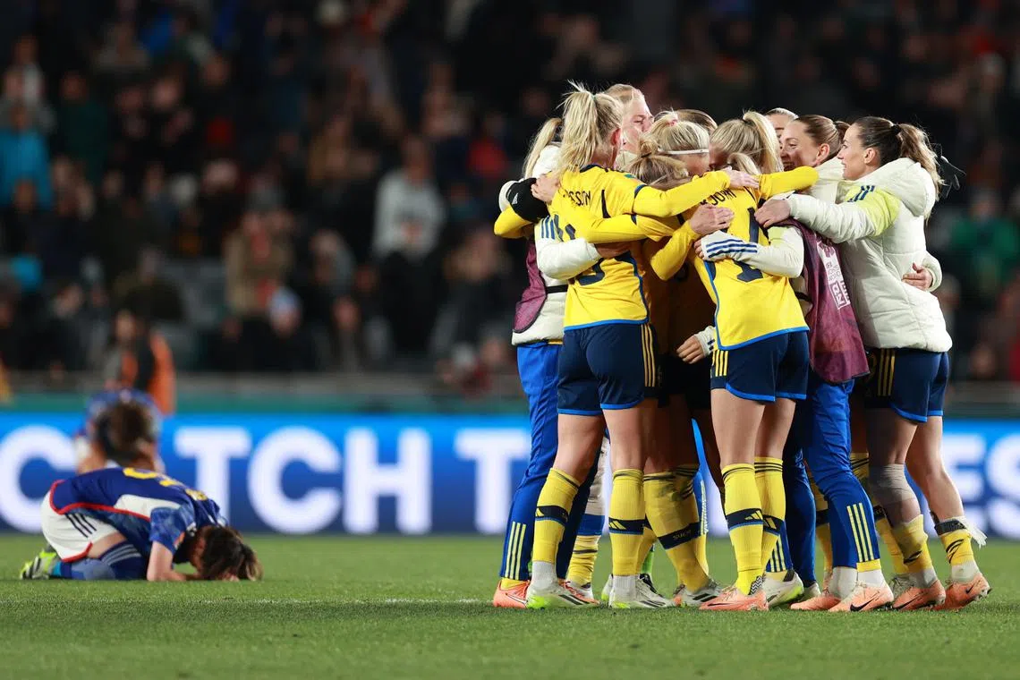 Sweden celebrating their win after beating Japan 2-1 in their Women's World Cup quarter-final.