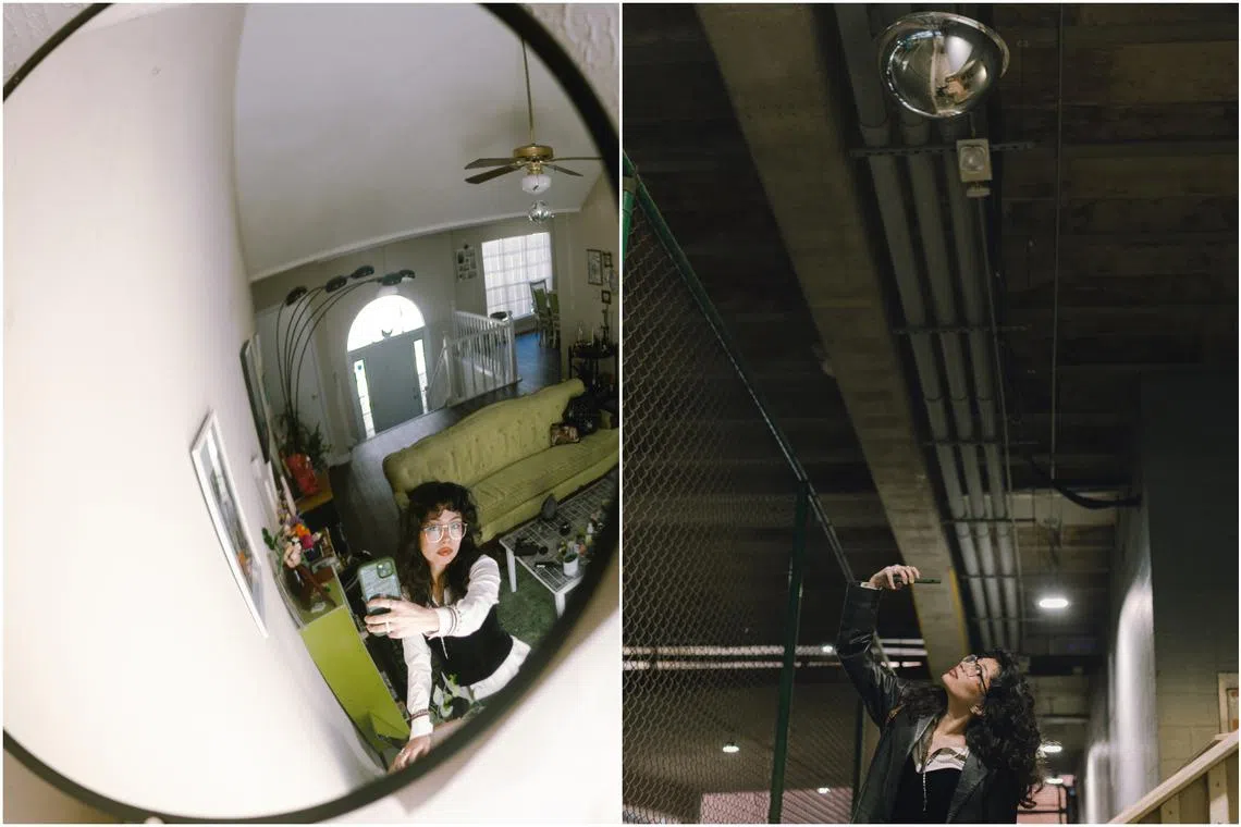 Mercedes Jimenez-Cortes taking a selfie with a traffic mirror.