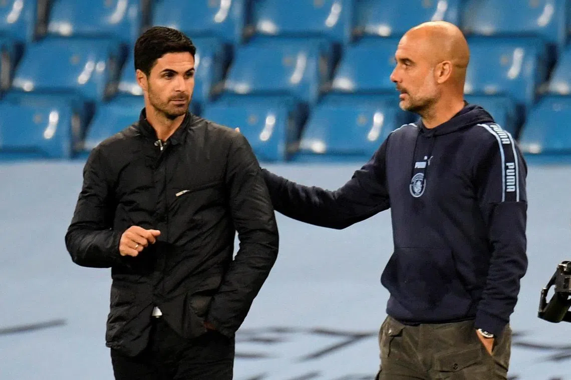 Arsenal manager Mikel Arteta (left) was Pep Guardiola’s assistant at Manchester City before taking charge of the Gunners in 2019.
