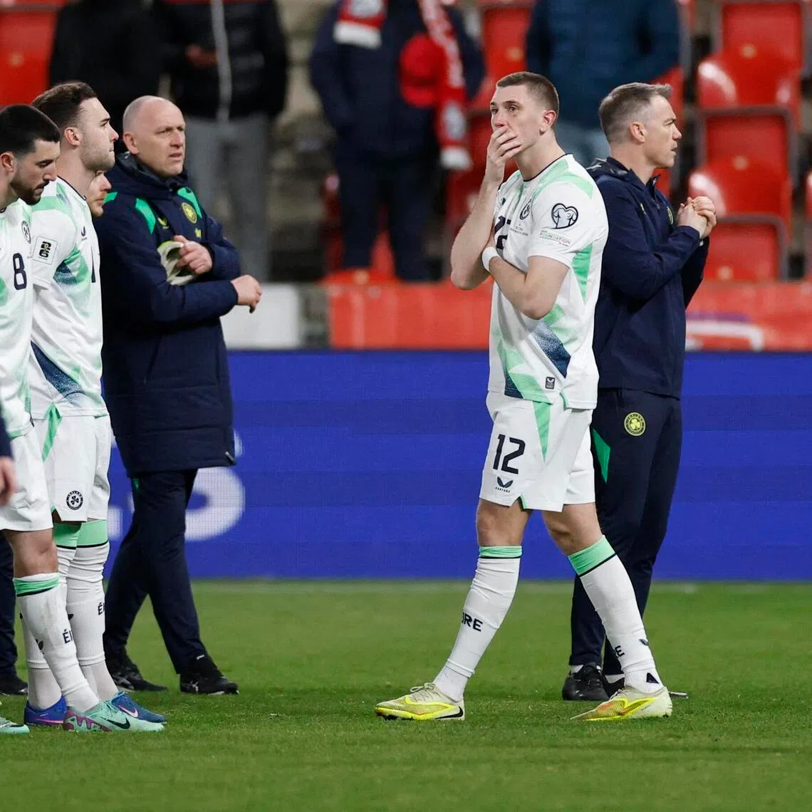 The Republic of Ireland's Jimmy Dunne and teammates look dejected after losing the penalty shoot-out in the World Cup qualifying semi-final against the Czech Republic at Fortuna Arena in Prague on March 26, 2026.