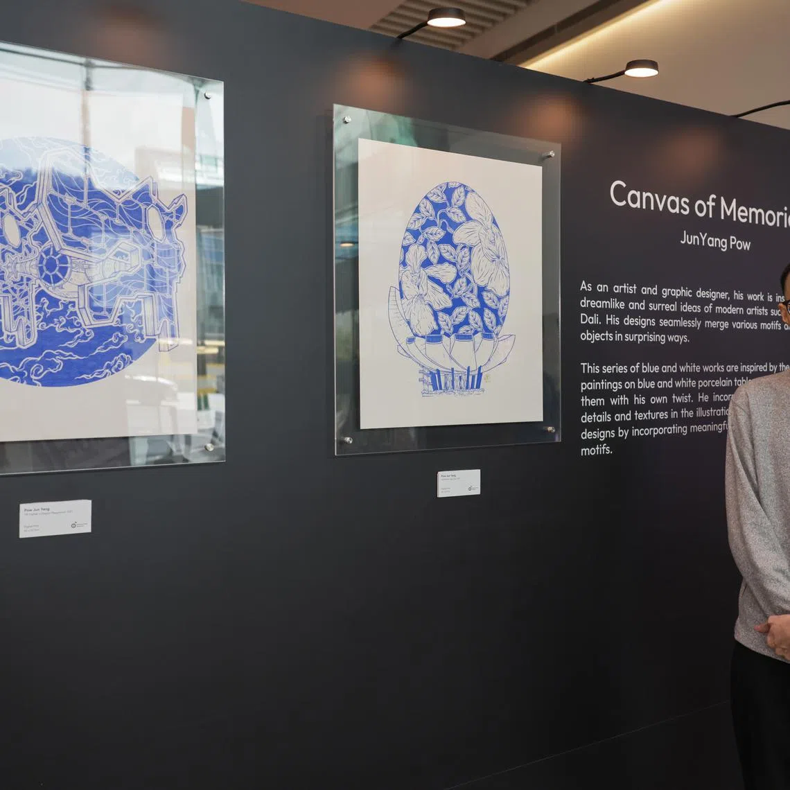 Mr Pow Jun Yang’s exhibition includes his blue and white series of iconic scenes and places in Singapore.