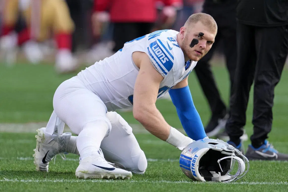 FILE PHOTO: Jan 28, 2024; Santa Clara, California, USA; Detroit Lions defensive end Aidan Hutchinson (97) warms up before the NFC Championship football game against the San Francisco 49ers at Levi's Stadium. Mandatory Credit: Kyle Terada-USA TODAY Sports/File Photo
