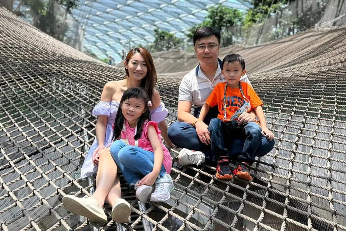 Ms Jasmin Tay with her husband Sean, and kids Xylia (left) and Owen at the Canopy Park in Jewel Changi Airport in 2023. 