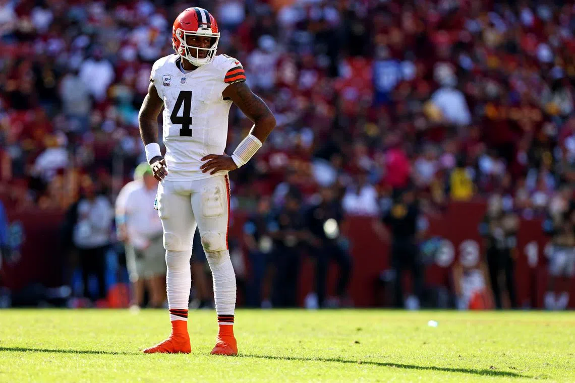 FILE PHOTO: Oct 6, 2024; Landover, Maryland, USA; Cleveland Browns quarterback Deshaun Watson (4) waits for a play during the fourth quarter against the Washington Commanders at NorthWest Stadium. Mandatory Credit: Peter Casey-Imagn Images/File photo