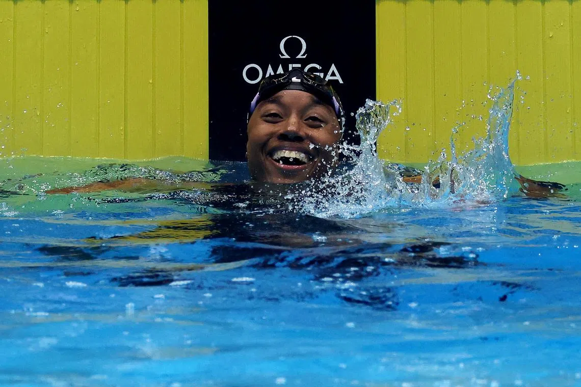 Simone Manuel of the United States reacting after the women's 50m freestyle final on the final day of the 2024 United States Olympic Team Swimming Trials at Lucas Oil Stadium on June 23 in Indianapolis, Indiana.