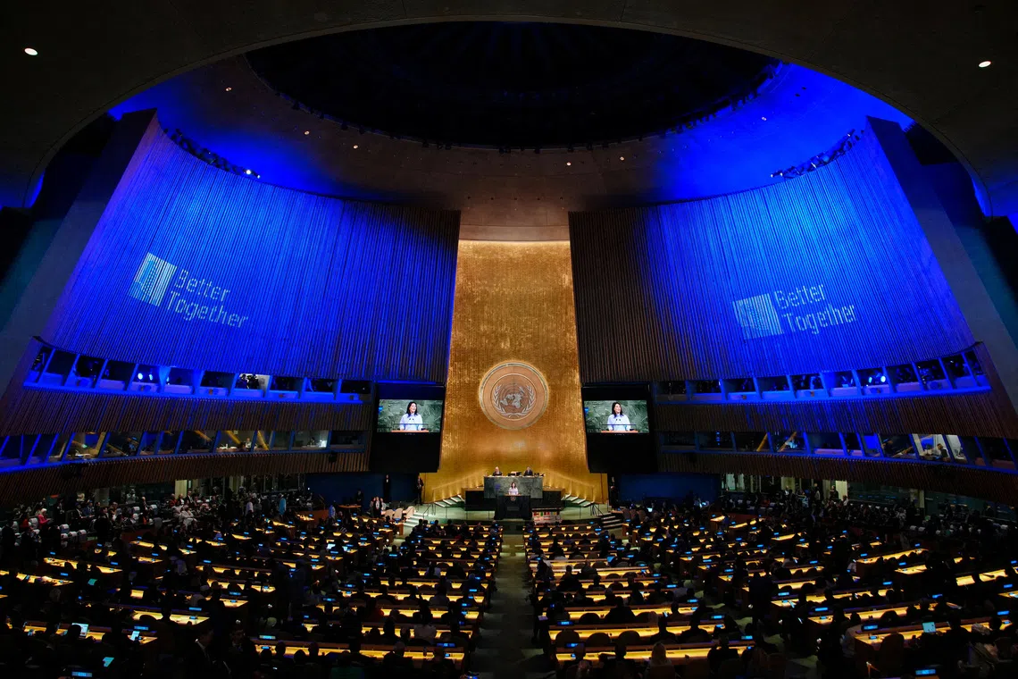 President of the United Nations General Assembly Annalena Baerbock speaks during a high-level meeting to mark the 80th anniversary of the establishment of the United Nations at U.N. headquarters in New York City, U.S., September 22, 2025. REUTERS/Eduardo Munoz