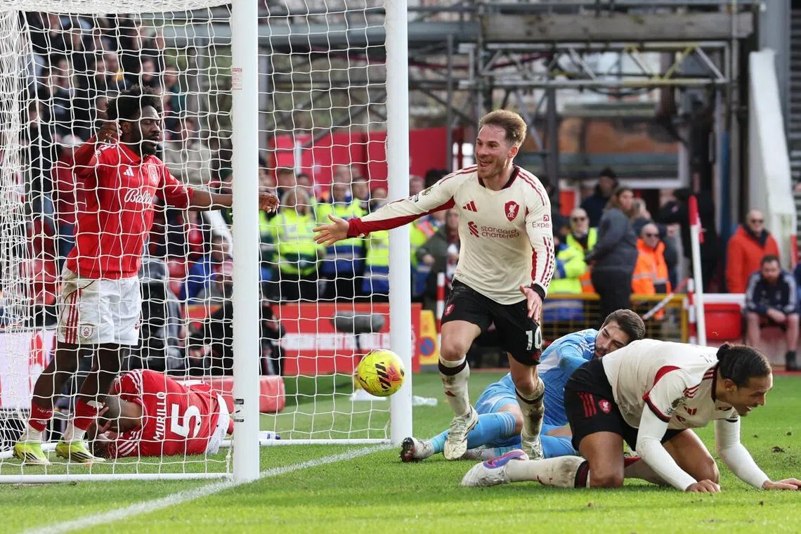 Liverpool's Alexis Mac Allister celebrating after scoring a late winner in the 1-0 English Premier League triumph over Nottingham Forest at The City Ground on Feb 22, 2026.