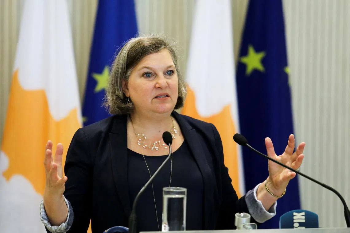 FILE PHOTO: U.S. Under Secretary of State Victoria Nuland attends a news conference at the Presidential Palace in Nicosia, Cyprus, April 7, 2022. REUTERS/Yiannis Kourtoglou/File Photo