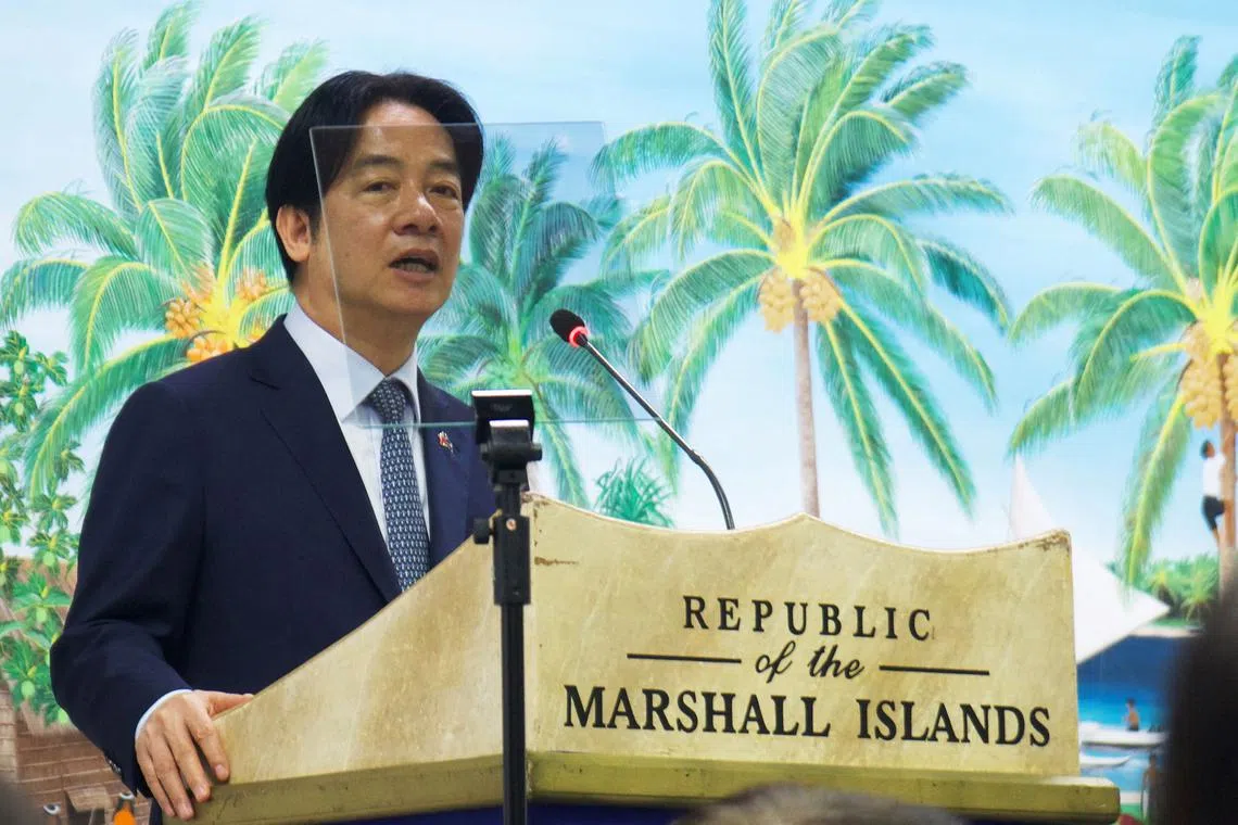 Taiwan's President Lai Ching-te delivers his speech at Parliament in Majuro in the Marshall Islands, on Dec 3.