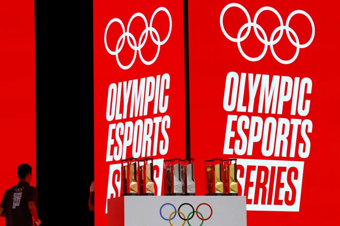FILE PHOTO: The first ever Olympic Esports trophies to be awarded are displayed after the cycling event at the Olympic Esports Week in Singapore June 23, 2023. REUTERS/Edgar Su/ File Photo