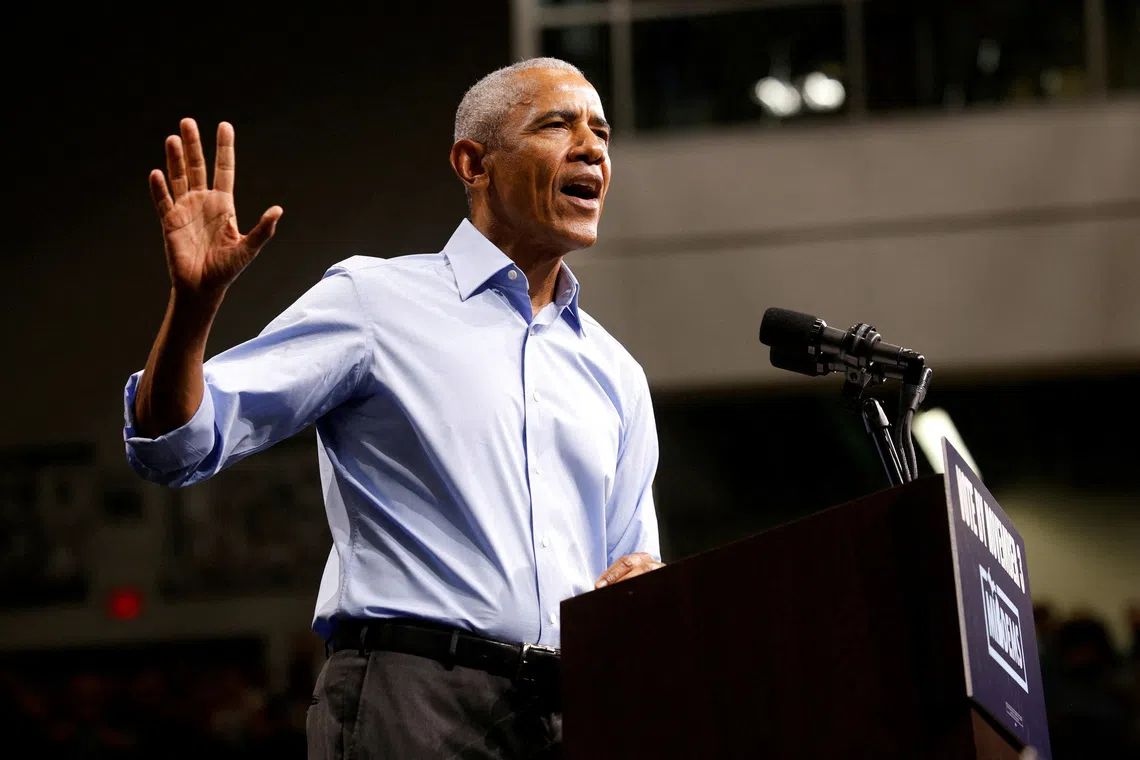 Former US President Barack Obama campaigns for Democratic US Senate nominee Abdul El-Sayed and Democratic gubernatorial candidate Jocelyn Benson at a rally in Detroit, Michigan, US October 24, 2026.  REUTERS/Rebecca Cook