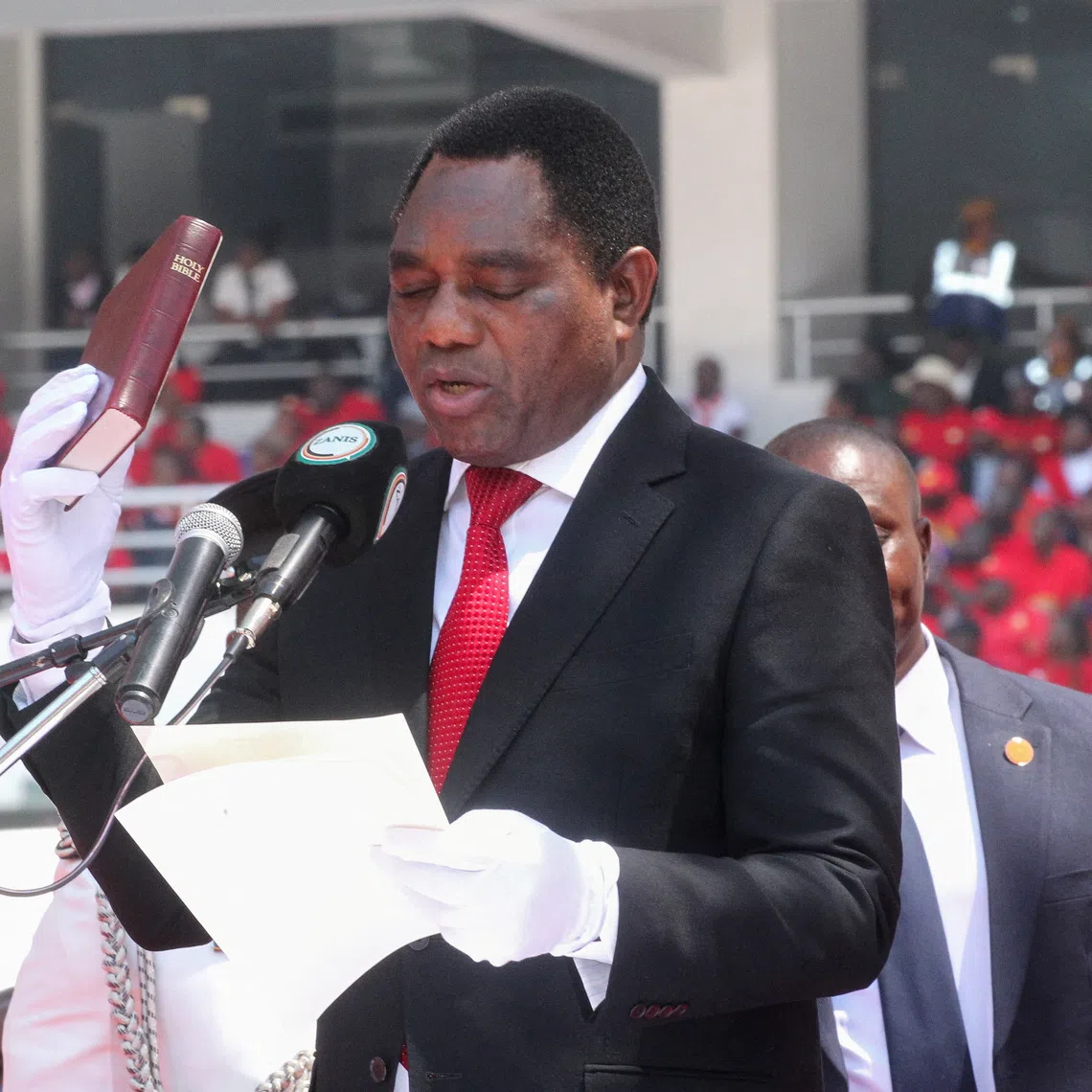 Zambia's President Hakainde Hichilema gestures during his swearing-in ceremony for a second term at National Heroes Stadium in Lusaka, Zambia, September 1, 2026. REUTERS/Jean Mandela