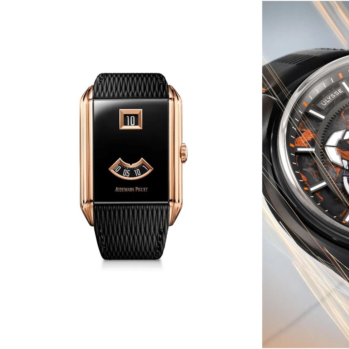 Audemars Piguet Neo Frame Jumping Hour (left) and Ulyssee Nardin Freak X Gumball 3000 Edition 2.