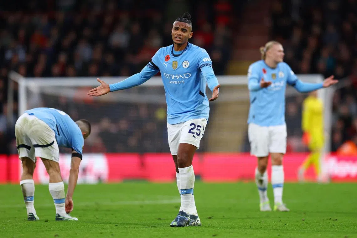 Manchester City's Manuel Akanji reacting during their 2-1 loss to Bournemouth.