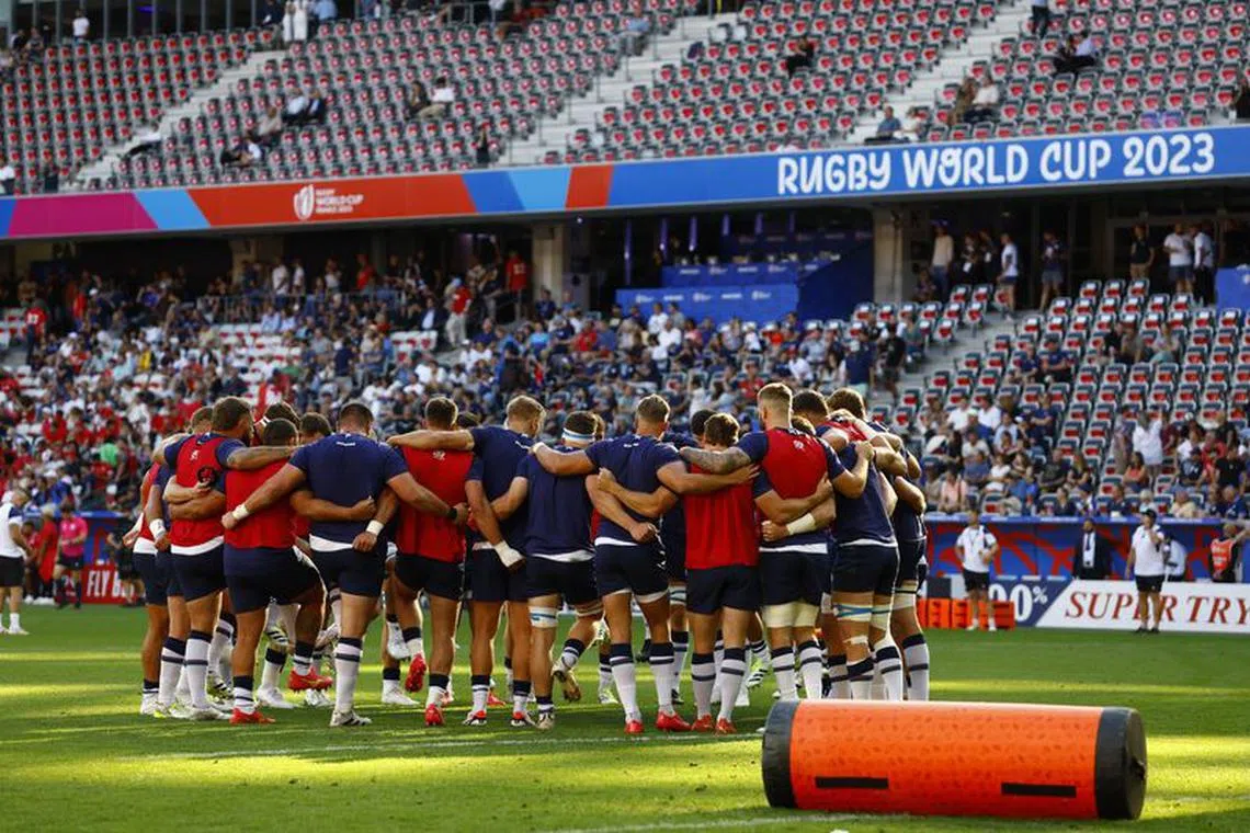 FILE PHOTO: Rugby Union - Rugby World Cup 2023 - Pool B - Scotland v Tonga - Allianz Riviera, Nice, France - September 24, 2023 Scotland players huddle before the match REUTERS/Peter Cziborra/File Photo