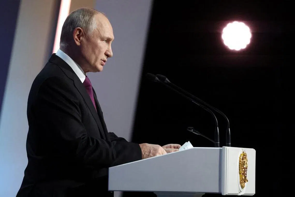 Russian President Vladimir Putin delivers a speech during a concert dedicated to the 100th birth anniversary of Soviet and Russian poet Rasul Gamzatov at the State Kremlin Palace in Moscow, Russia, September 28, 2023. Sputnik/Vyacheslav Prokofyev/Pool via REUTERS/ File Photo