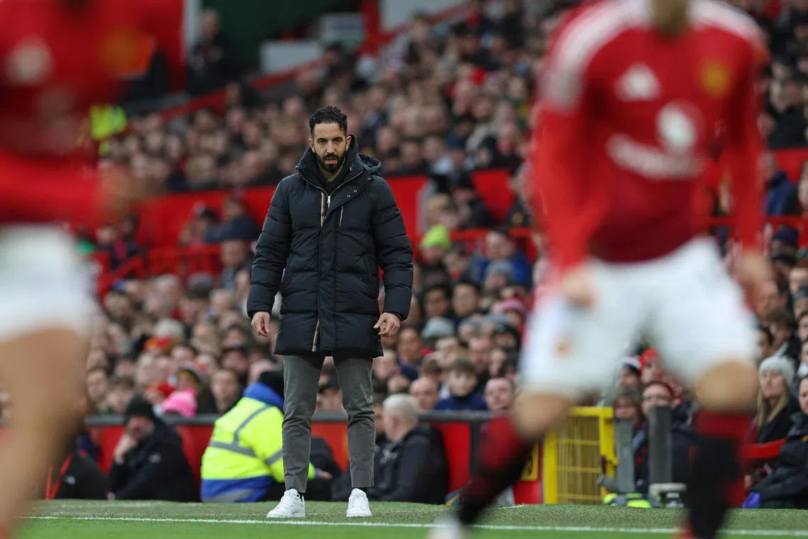 Manchester United head coach Ruben Amorim looks on during the English FA Cup fifth round football match between Manchester United and Fulham at Old Trafford.