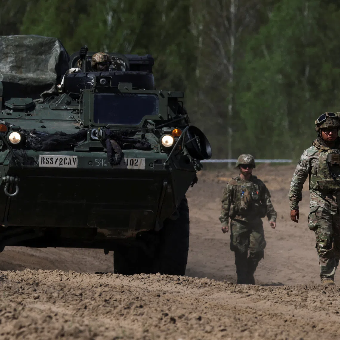 U.S. Army soldiers walk in formation during the Sword 26 exercise in Poland on May 11.