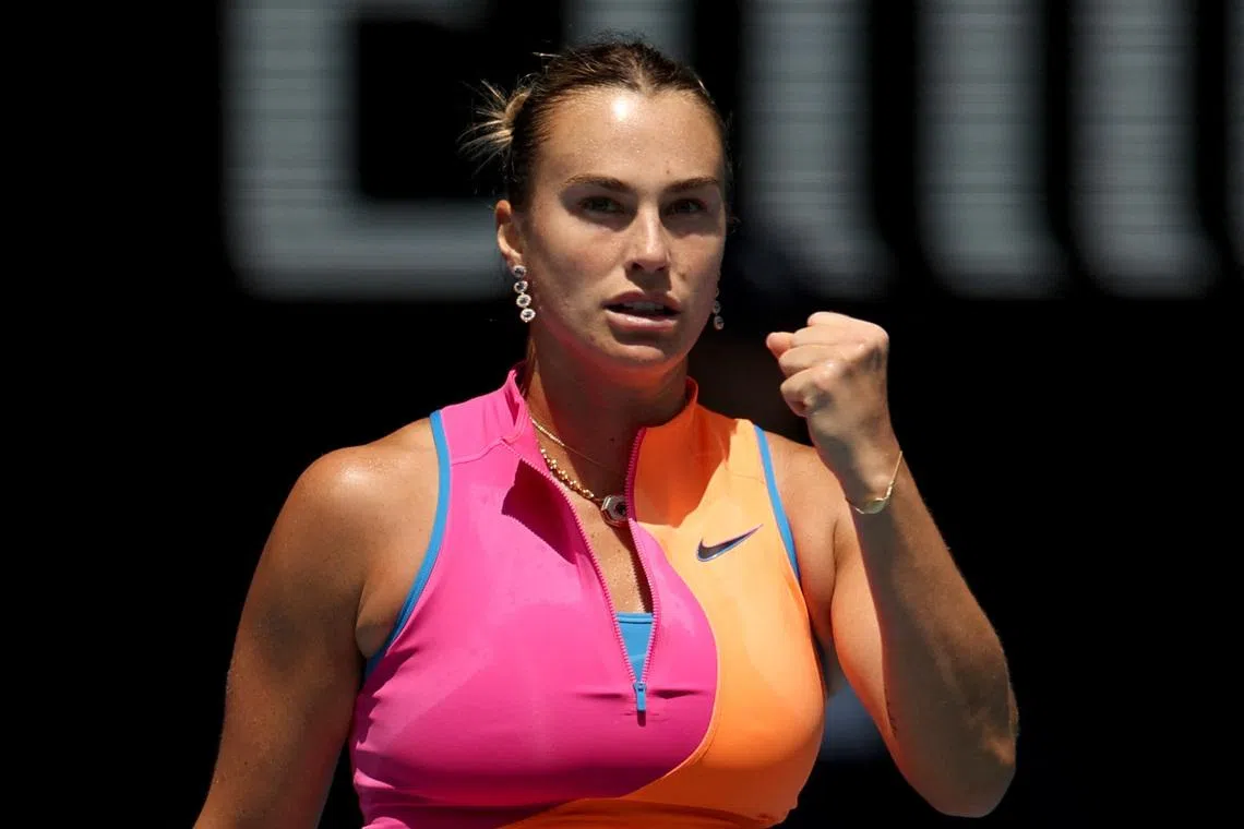 Tennis - Australian Open - Melbourne Park, Melbourne, Australia - January 21, 2026 Belarus' Aryna Sabalenka reacts during her second round match against China's Zhuoxuan Bai REUTERS/Hollie Adams