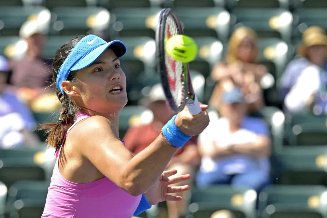 FILE PHOTO: Mar 7, 2024; Indian Wells, CA, USA; Emma Raducanu (GBR) hits a shot during her first round match defeating Rebeka Masarova (ESP) in the BNP Paribas Open at the Indian Wells Tennis Garden. Mandatory Credit: Jayne Kamin-Oncea-USA TODAY Sports/File Photo
