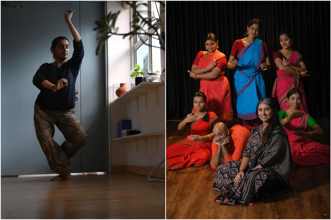 Raka Maitra (left), lead choreographer for Migration Of Form. Lead choreographer Priyadarshini Nagarajah (right, foreground) and the dancers for Amma. 