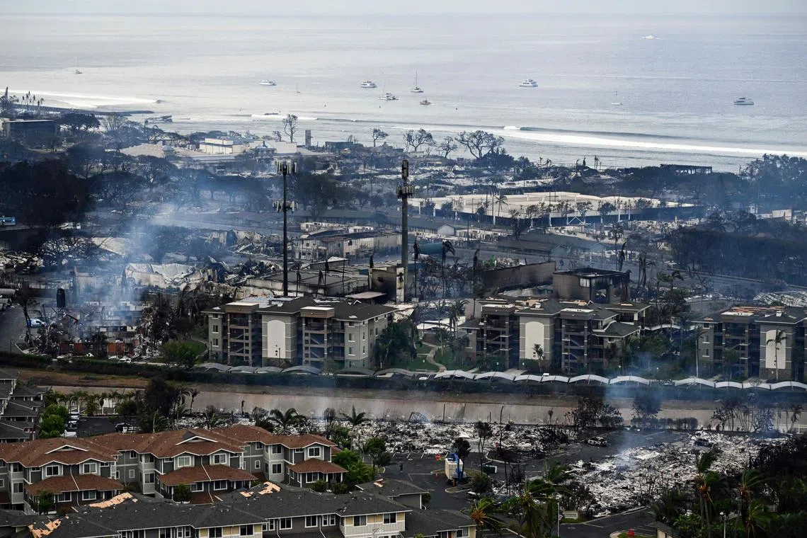 Destroyed homes and buildings in Lahaina, in the aftermath of wildfires in western Maui, Hawaii.
