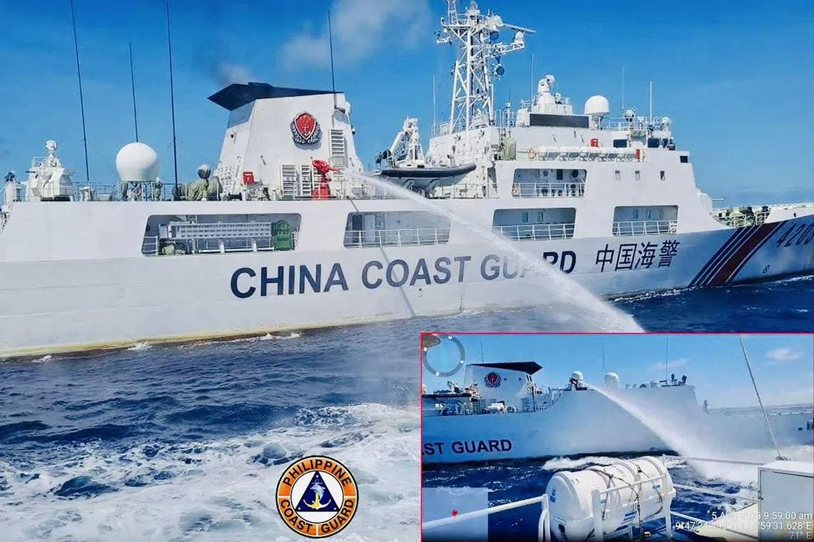 This undated handout released by the Philippine Coast Guard (PCG) on August 6, 2023 shows a China Coast Guard ship (L) releasing water cannon on a Philippine Coast Guard ship near Second Thomas Shoal during a re-supply mission on August 5. The Philippines condemned the China Coast Guard on August 6 for allegedly firing water cannon at its vessels in the disputed South China Sea, describing the actions as "illegal" and "dangerous". (Photo by Handout / Philippine Coast Guard (PCG) / AFP) / -----EDITORS NOTE --- RESTRICTED TO EDITORIAL USE - MANDATORY CREDIT "AFP PHOTO / PHILIPPINE COAST GUARD (PCG) " - NO MARKETING - NO ADVERTISING CAMPAIGNS - DISTRIBUTED AS A SERVICE TO CLIENTS