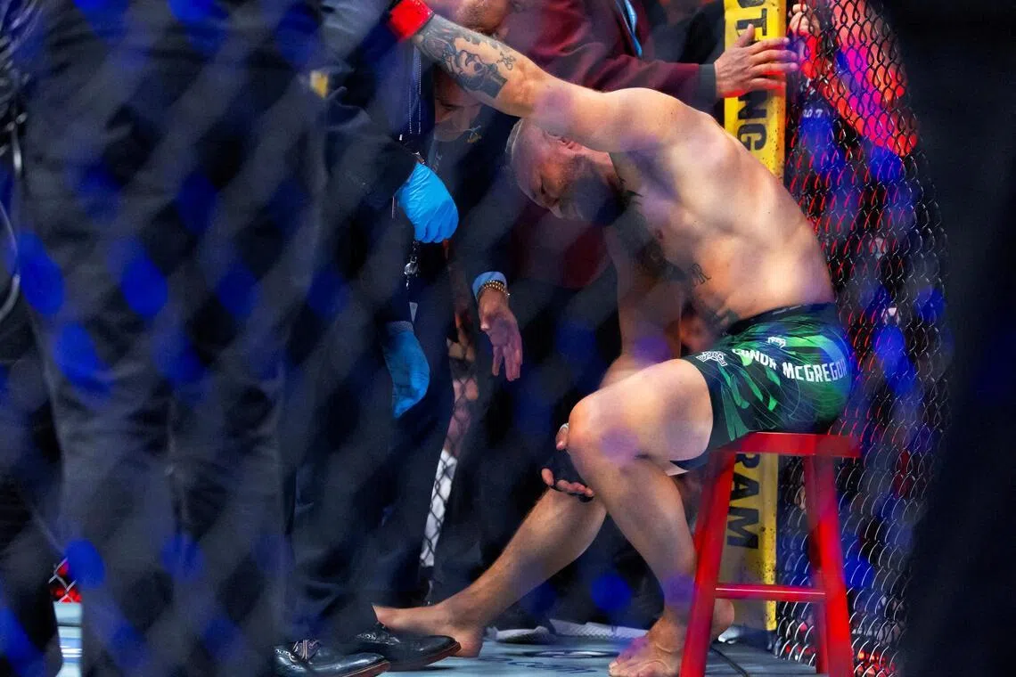 Conor McGregor after suffering a knee injury the ended his fight with Max Holloway during UFC 329 at T-Mobile Arena on July 11.