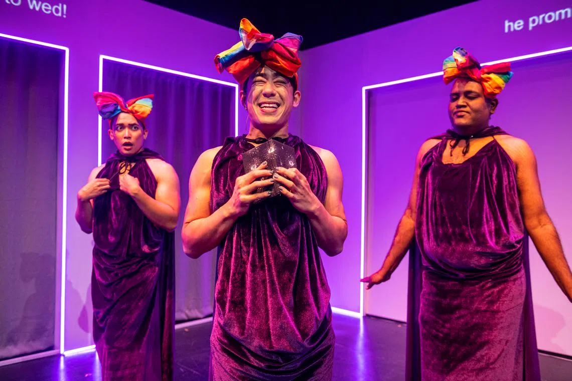 Actors (from left) Fadhil Daud, Ryan Ang and Rajkumar Thiagaras explore the topic of gay marriage in Never The Bride. 