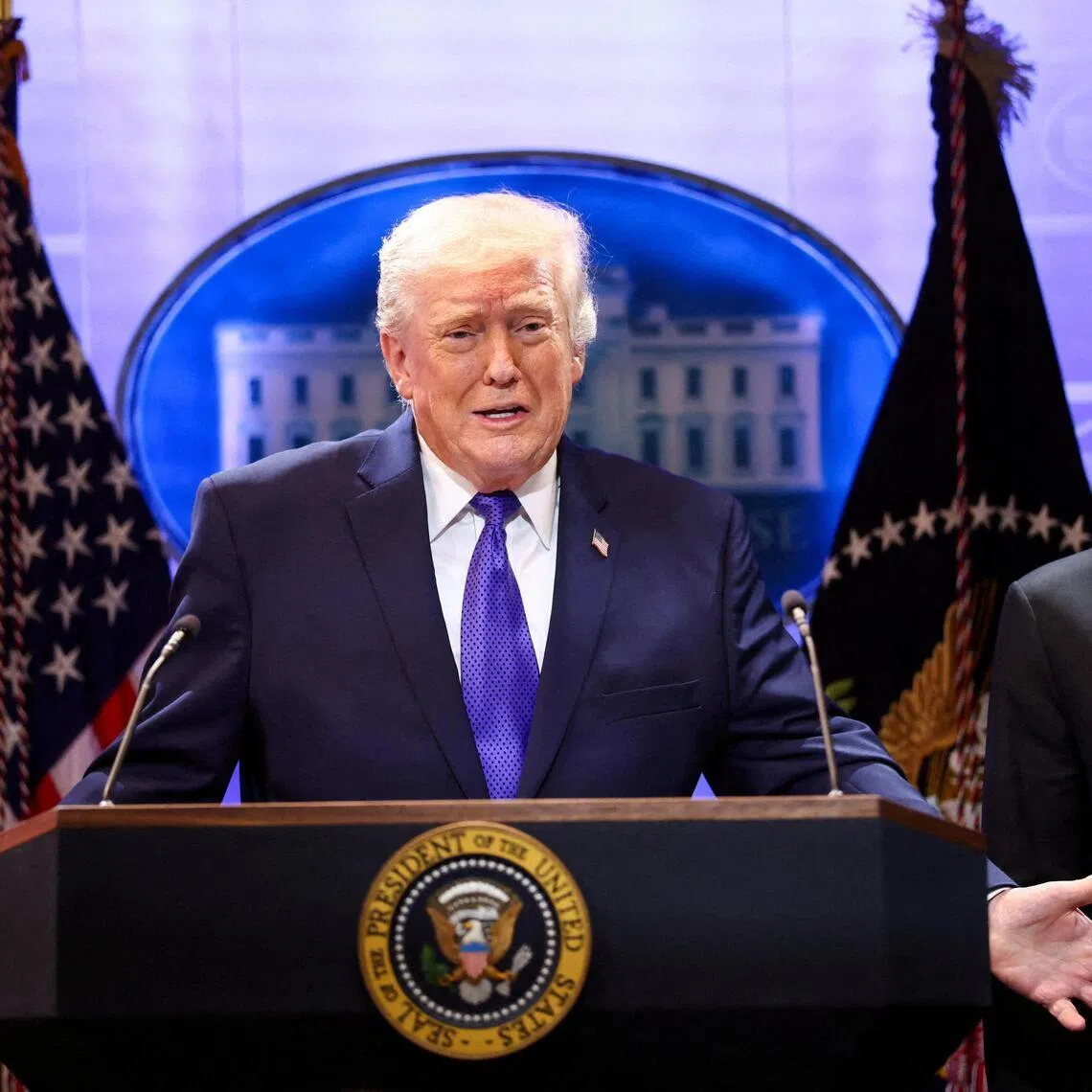 US President Donald Trump speaks during a press briefing at the White House in Washington, DC on Feb 20, 2026.