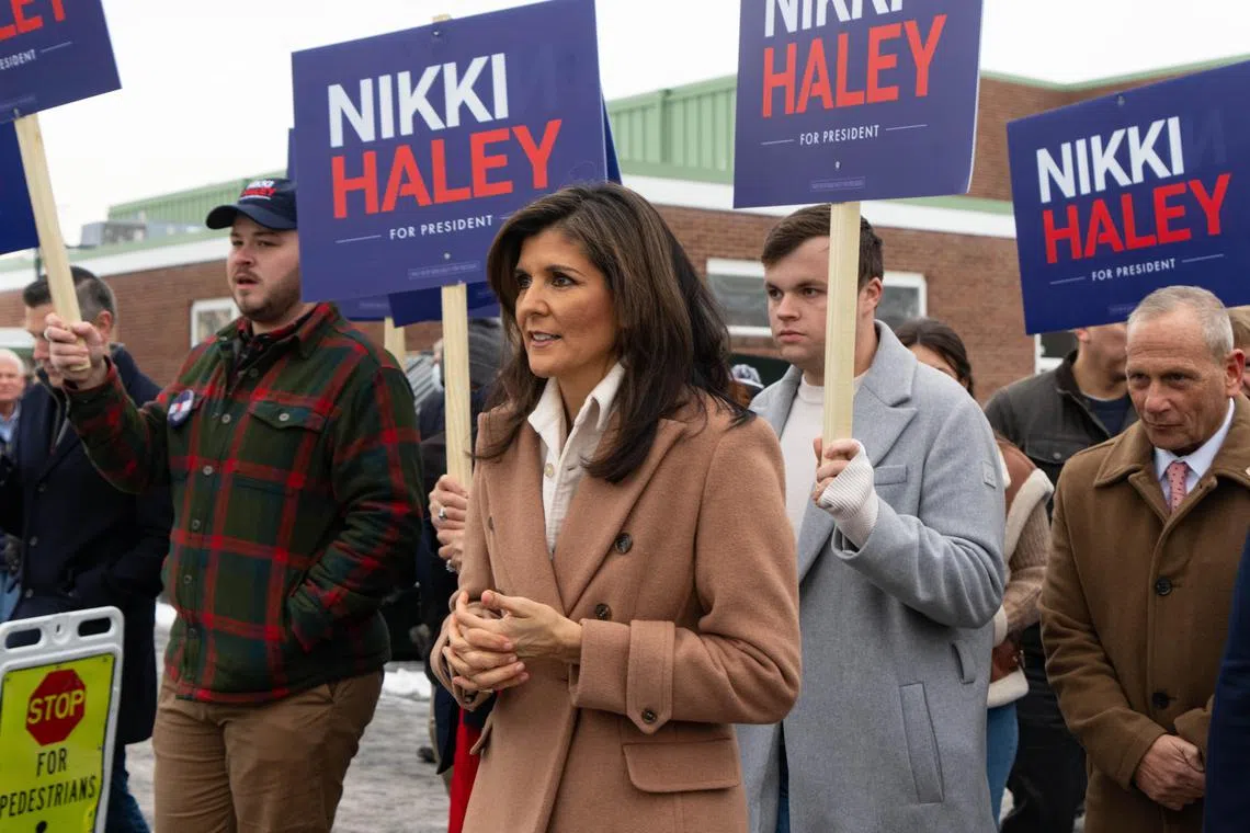 Former South Carolina Governor Nikki Haley arriving to greet primary election voters outside a polling place in Hampton, New Hampshire on Jan 23. A bogus account of a shooting at a South Carolina home owned by Mrs Haley reportedly sent the authorities scrambling in late December, but she was not there at the time. 