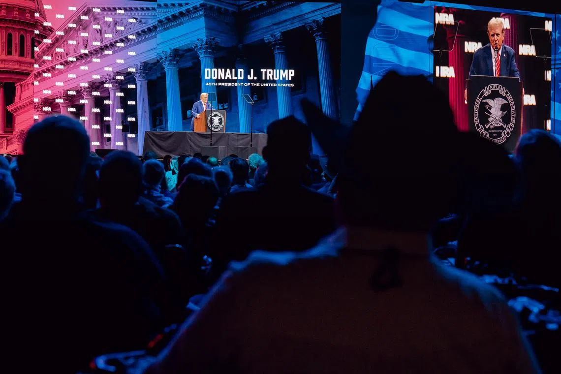 US President-elect Donald Trump delivering remarks at the National Rifle Association's annual meeting in Dallas on May 18.