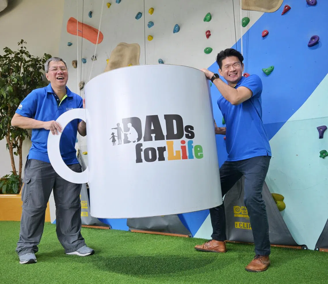 Mr Edwin Choy, co-founder of the  Centre for Fathering and Dr Xander Ong, its chief executive, at the centre’s rock wall on June 2, 2025.
